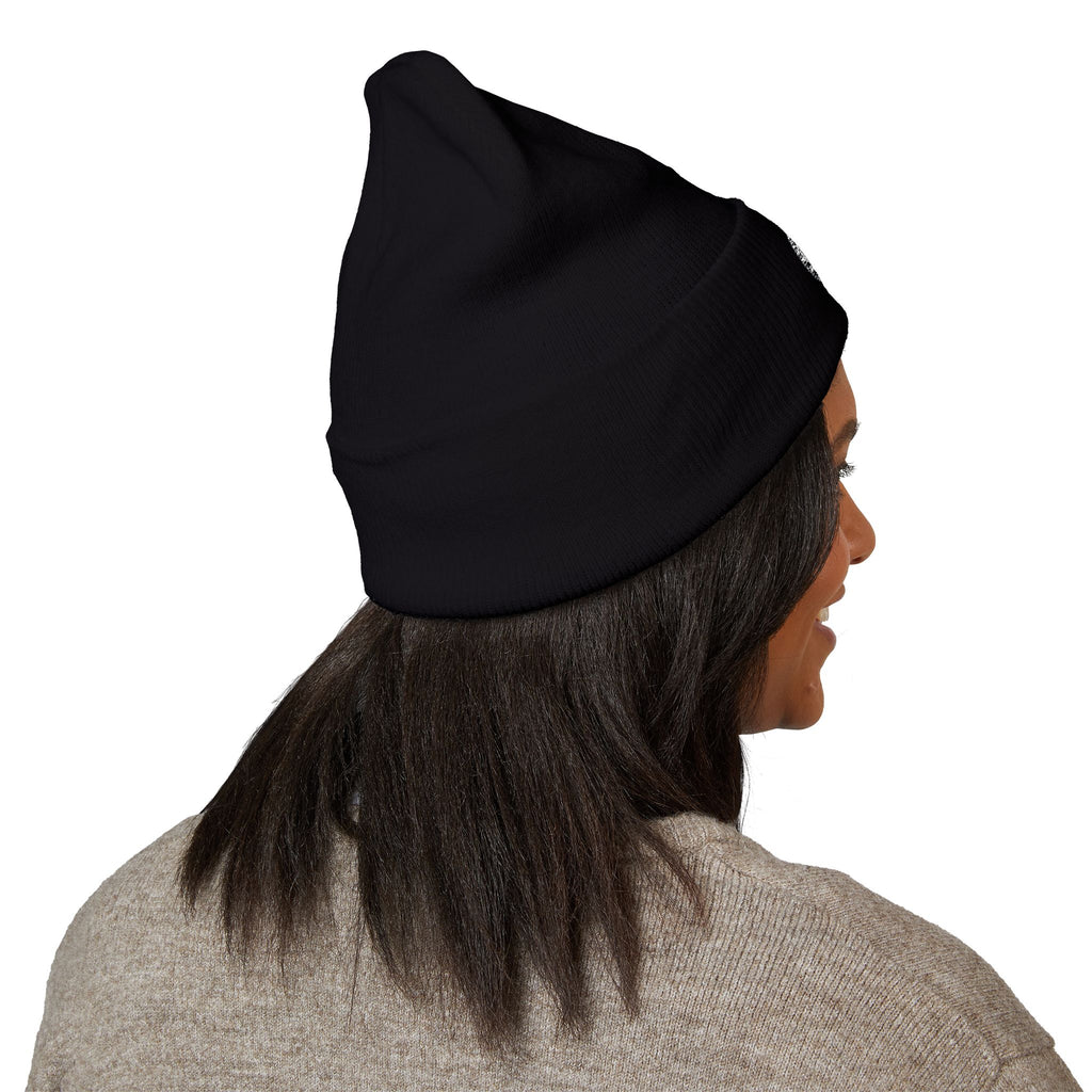 Embroidered Moonface Classic Cuffed Beanie — Black Rib Knit Winter Hat
