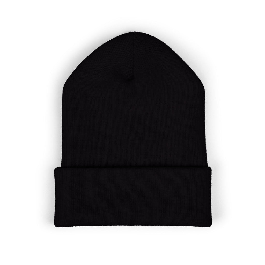 Embroidered Moonface Classic Cuffed Beanie — Black Rib Knit Winter Hat