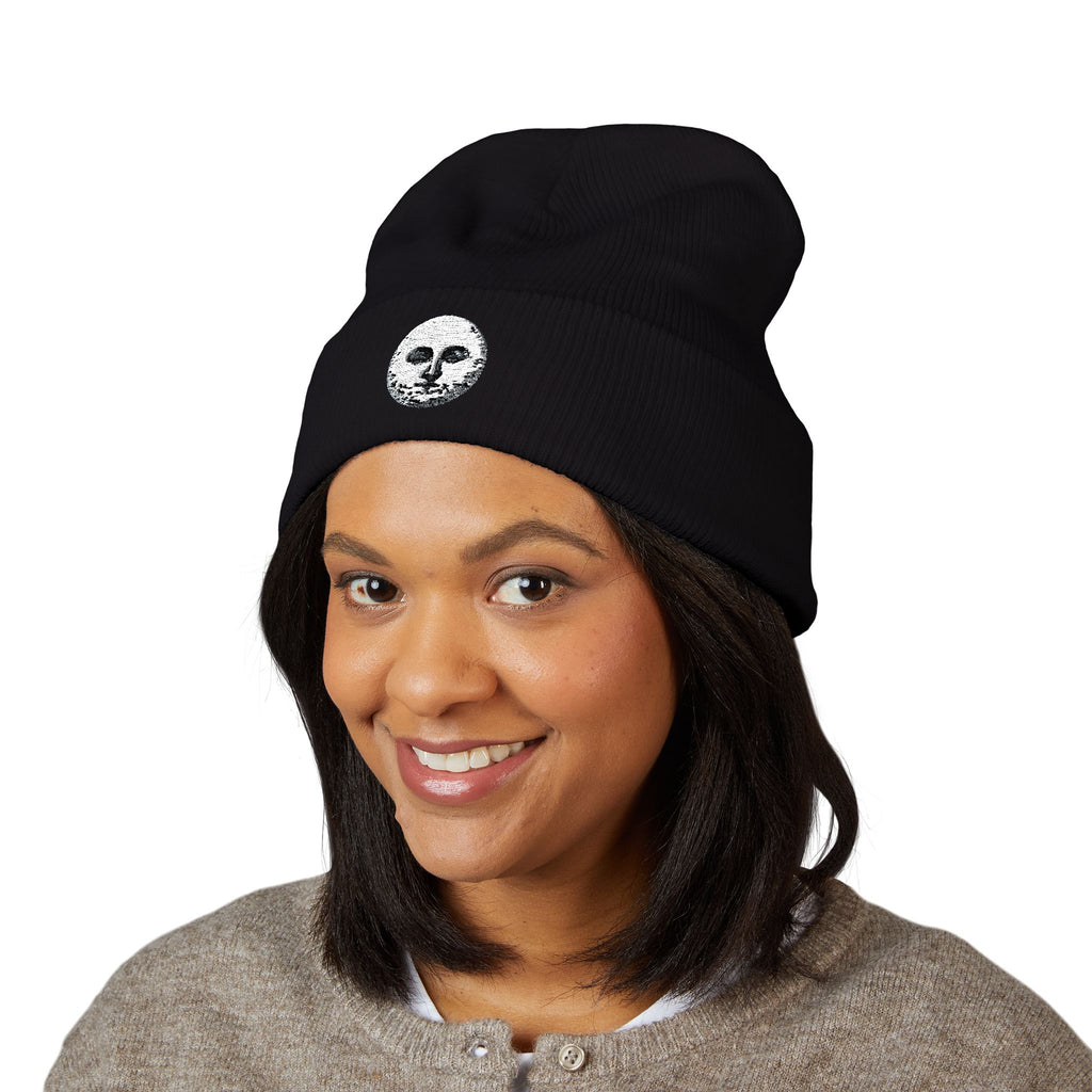 Embroidered Moonface Classic Cuffed Beanie — Black Rib Knit Winter Hat