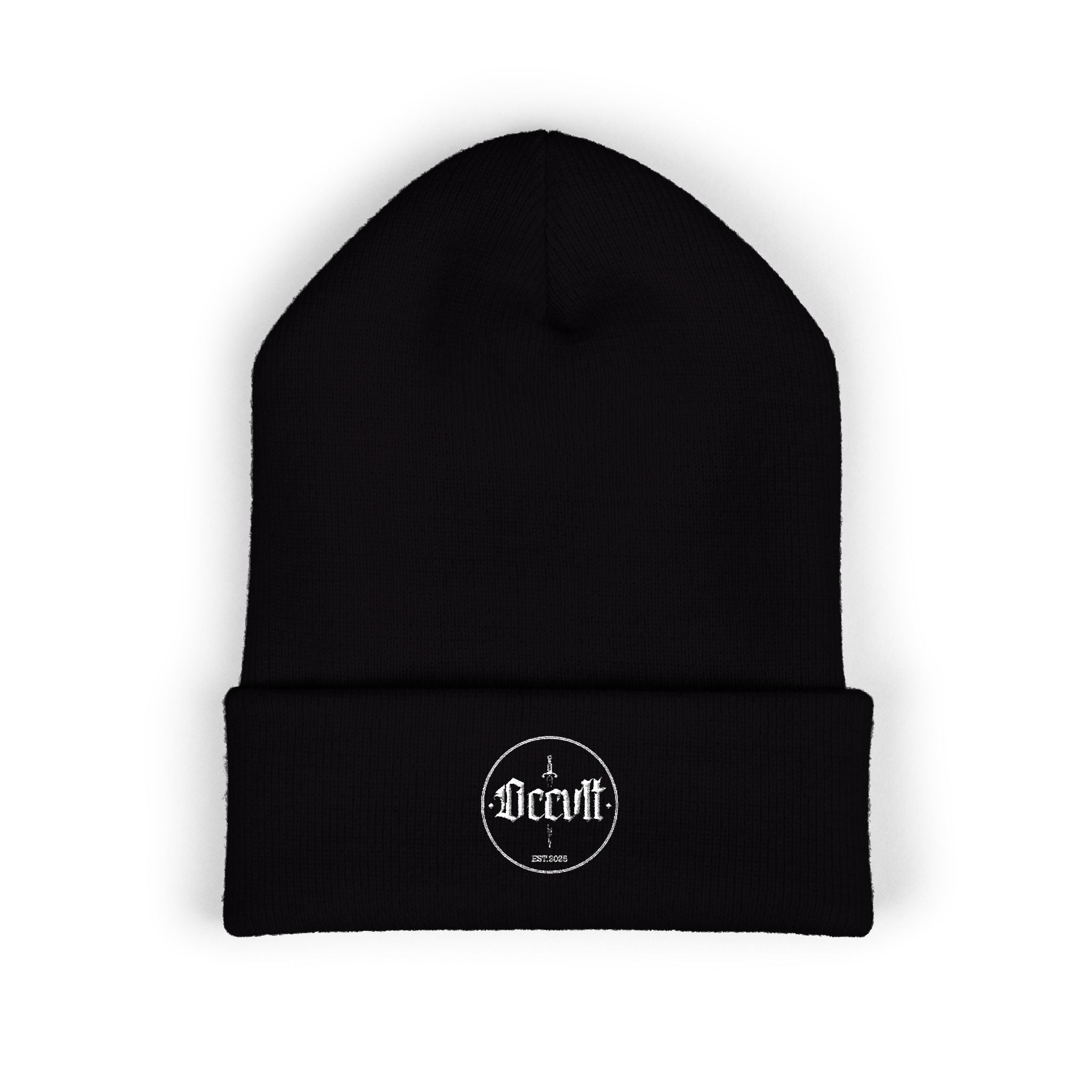 Embroidered Occvlt Classic Cuffed Beanie — Black Rib Knit Winter Hat