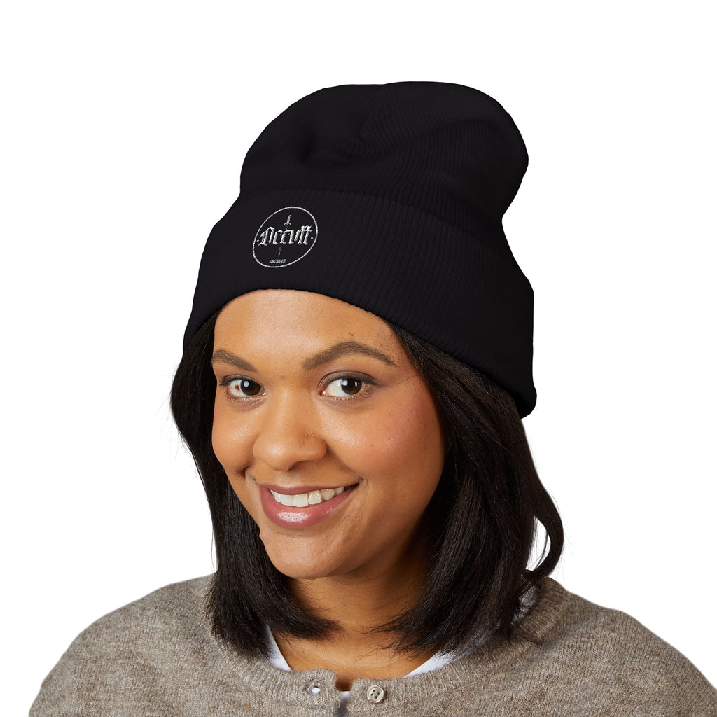 Embroidered Occvlt Classic Cuffed Beanie — Black Rib Knit Winter Hat
