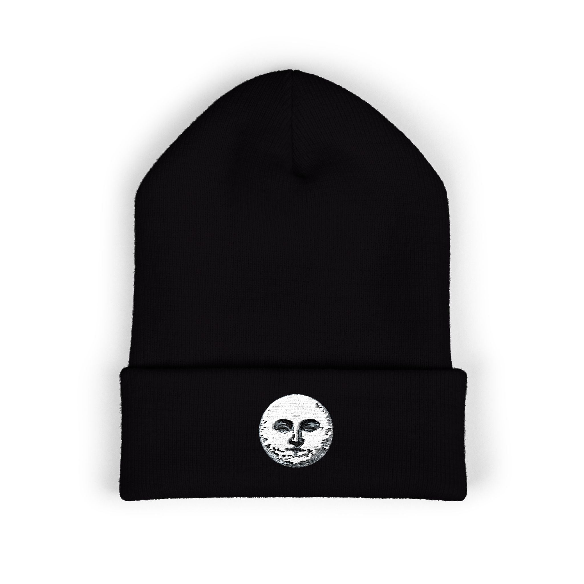Embroidered Moonface Classic Cuffed Beanie — Black Rib Knit Winter Hat